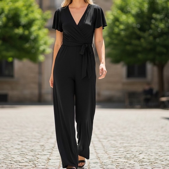Lane Bryant Pants - Lane Bryant Jumpsuit Women 22/24 Black Surplice Flutter Sleeve Wide Leg Pockets